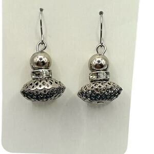 Silver Round Ball Dangle Earrings with Hollow Out Leaf Design
